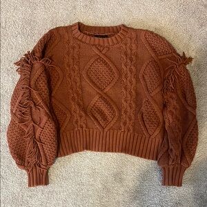 Women's Cable Knit Sweater with Fringe on sleeve - Rust Color
